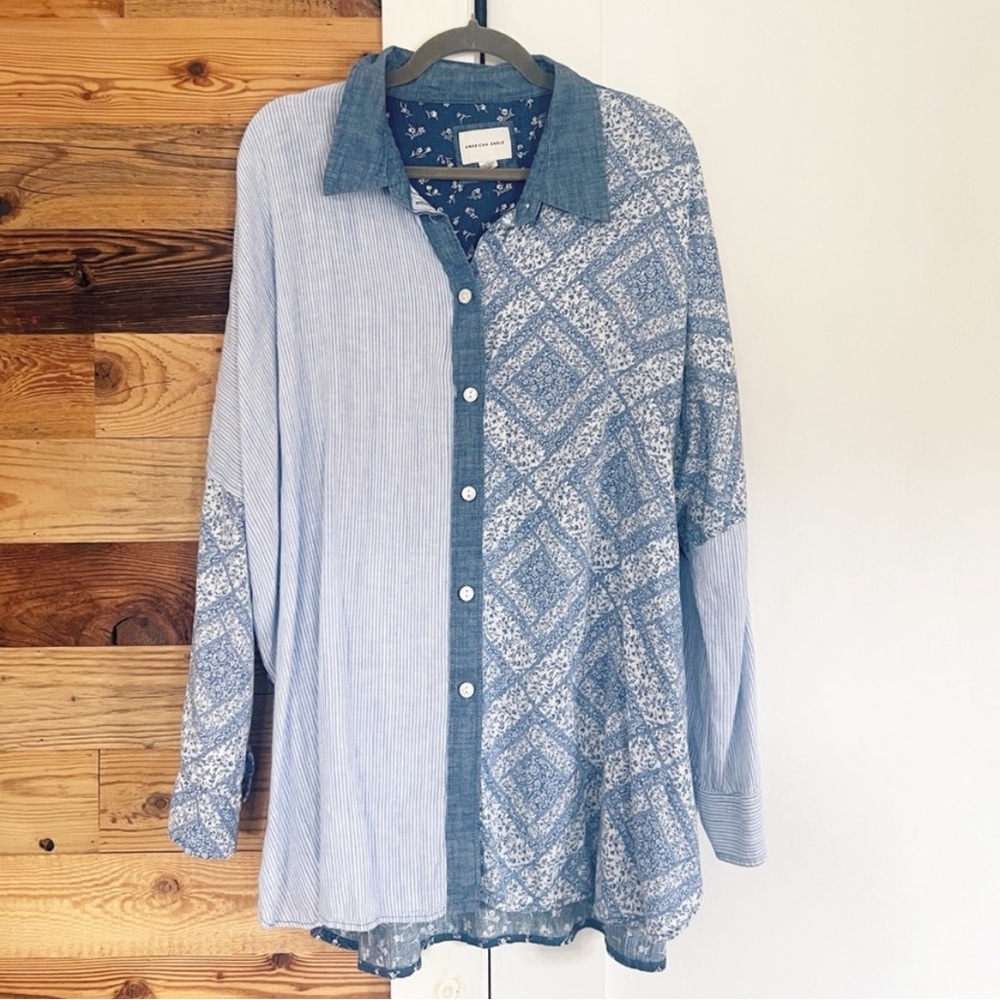 Blue Patch Work Button-Up Shirt - image 1